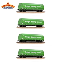 HRA Bogie Hopper DB. Green ‘Freight belongs on rail.’ (FOUR PACK)